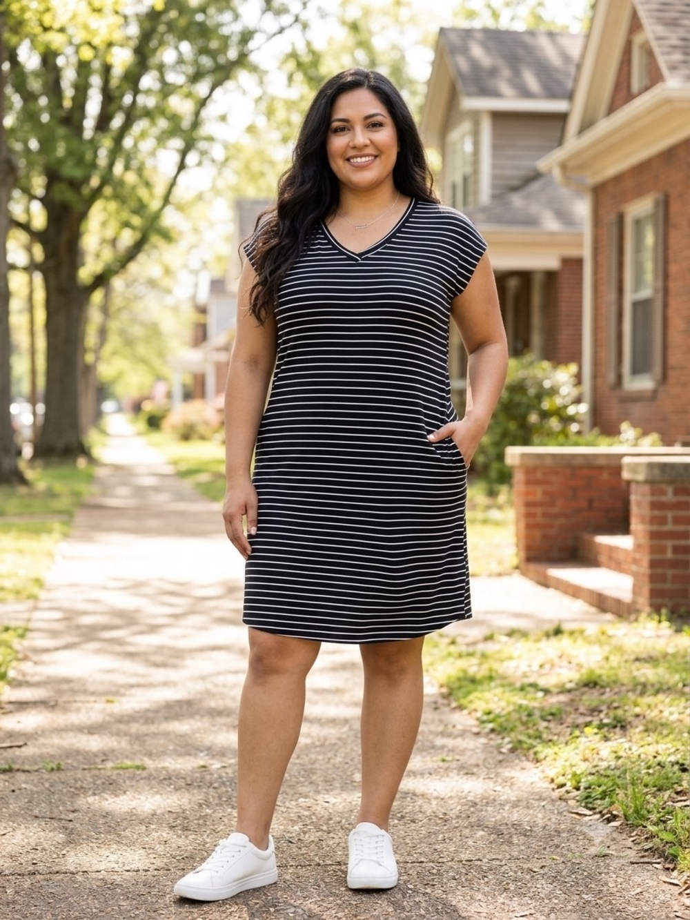 Workshop Republic Black White Stripe V-Neck Jersey Knee Dress XL EUC Pima Modal